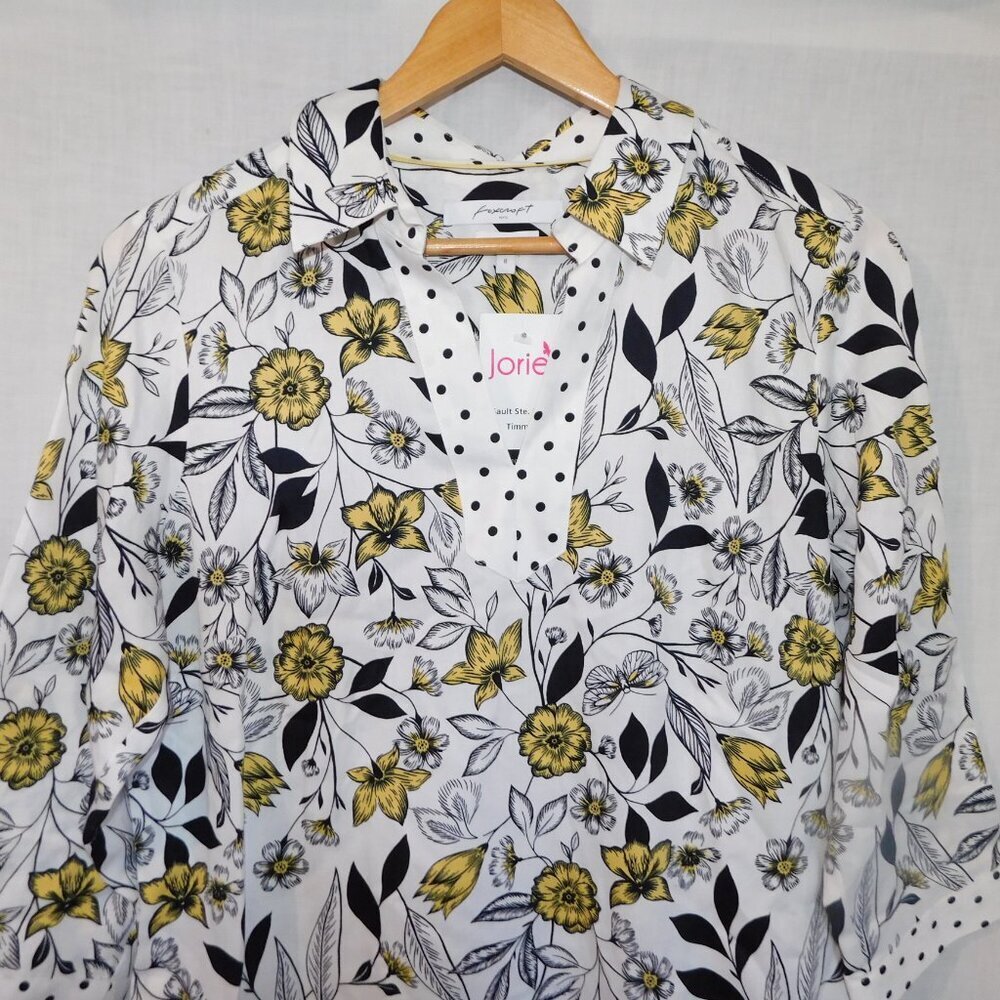 Foxcroft NYC Floral V Neck Collared Dress White Black Yellow NEW Womens 8 - Picture 3 of 10